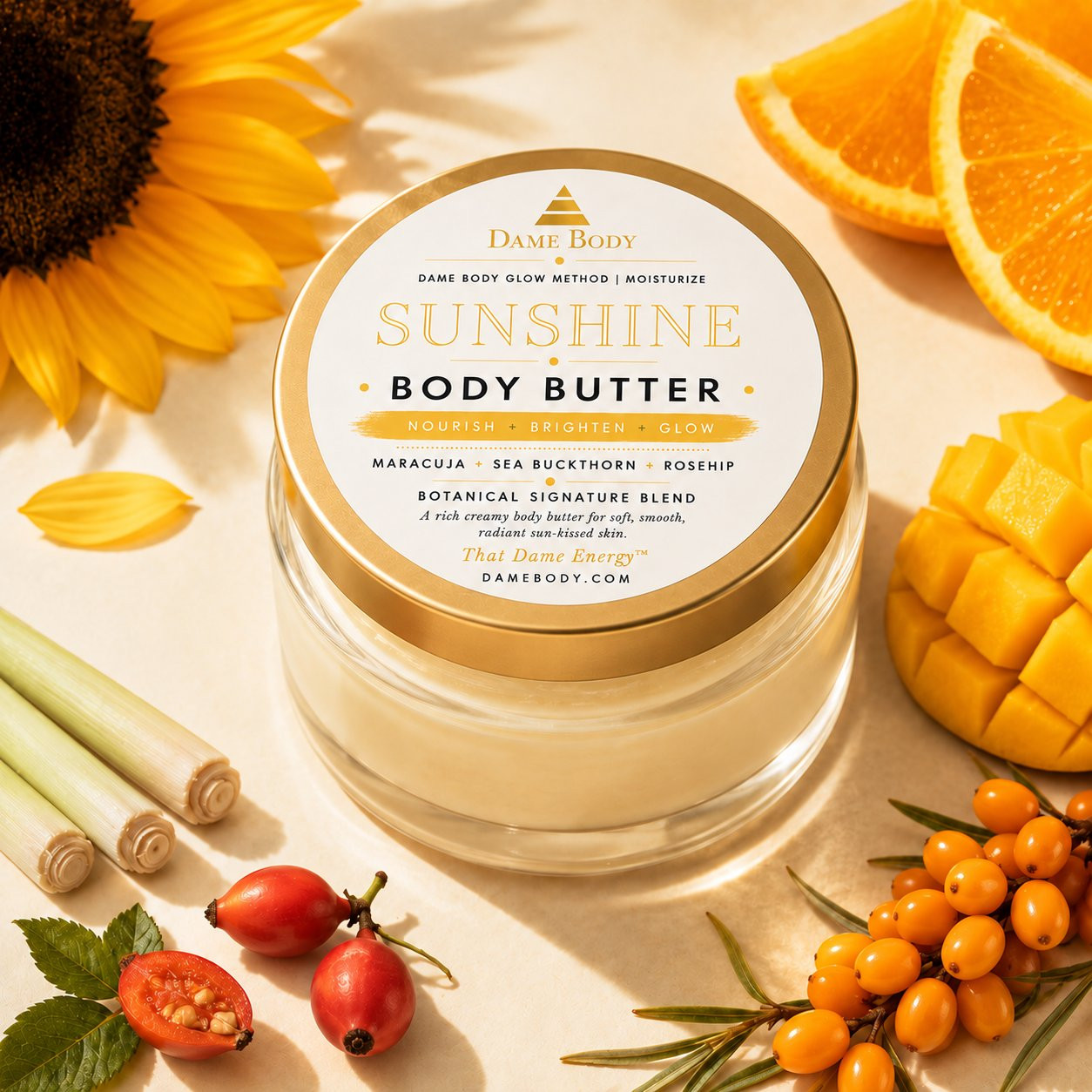 Sunshine Body Butter with its yellow label in a bright botanical aroma scene.