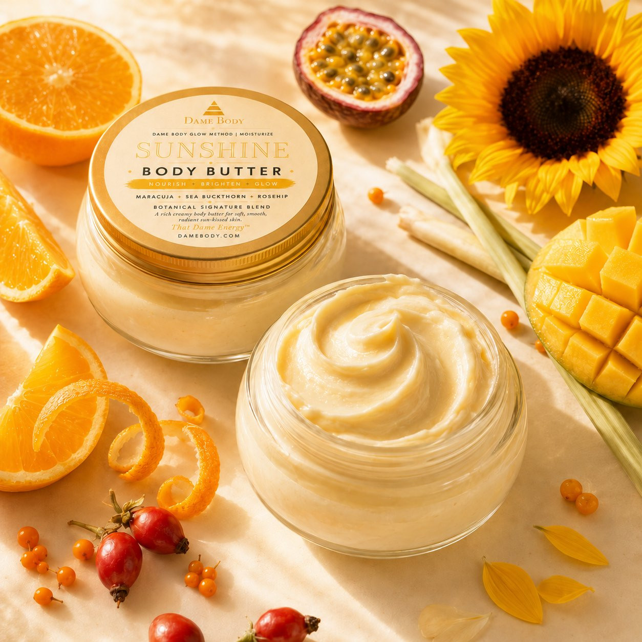 Open Sunshine Body Butter and gold lid ready for a rich moisture ritual.