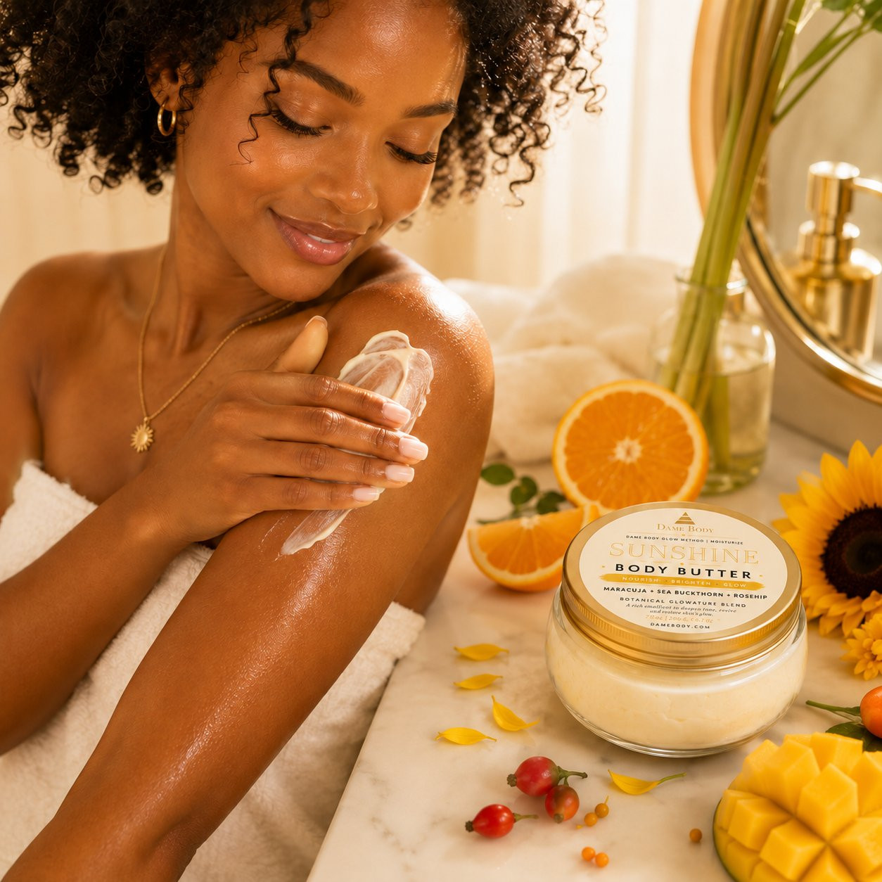 Dame gently applying Sunshine Body Butter to her arm for a soft, glowing finish.