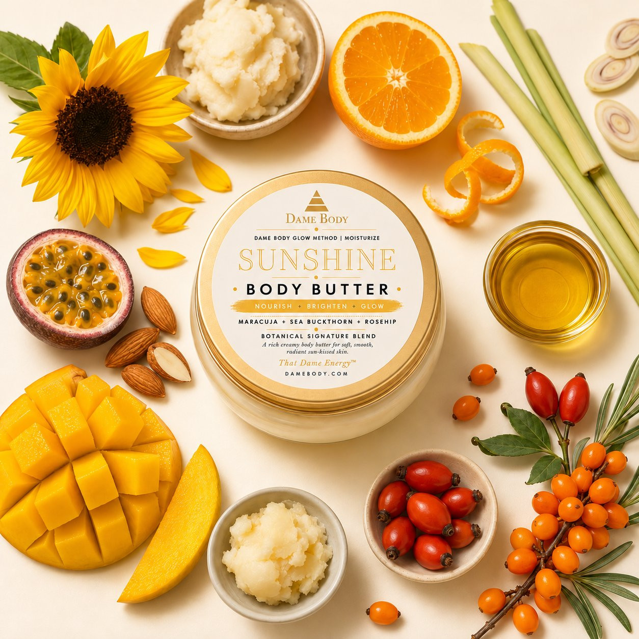 Sunshine Body Butter surrounded by citrus and botanicals in an overhead formulation scene.