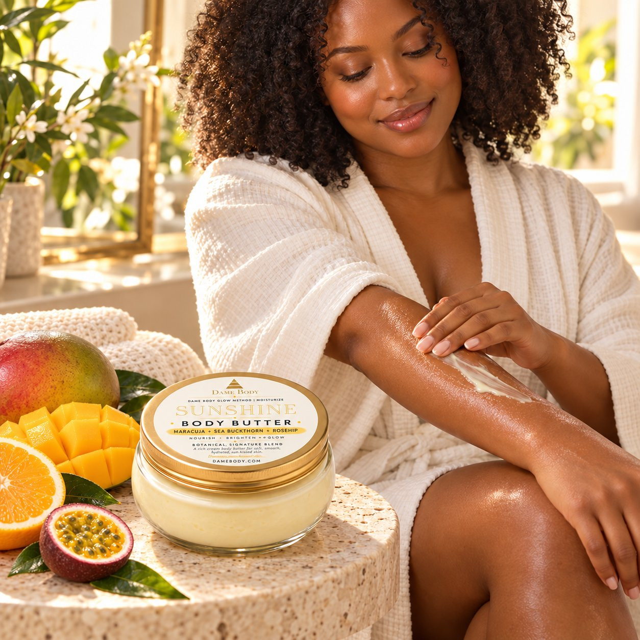 Dame gently applying Sunshine Body Butter in morning light beside its yellow labeled gold lid, mango and citrus.