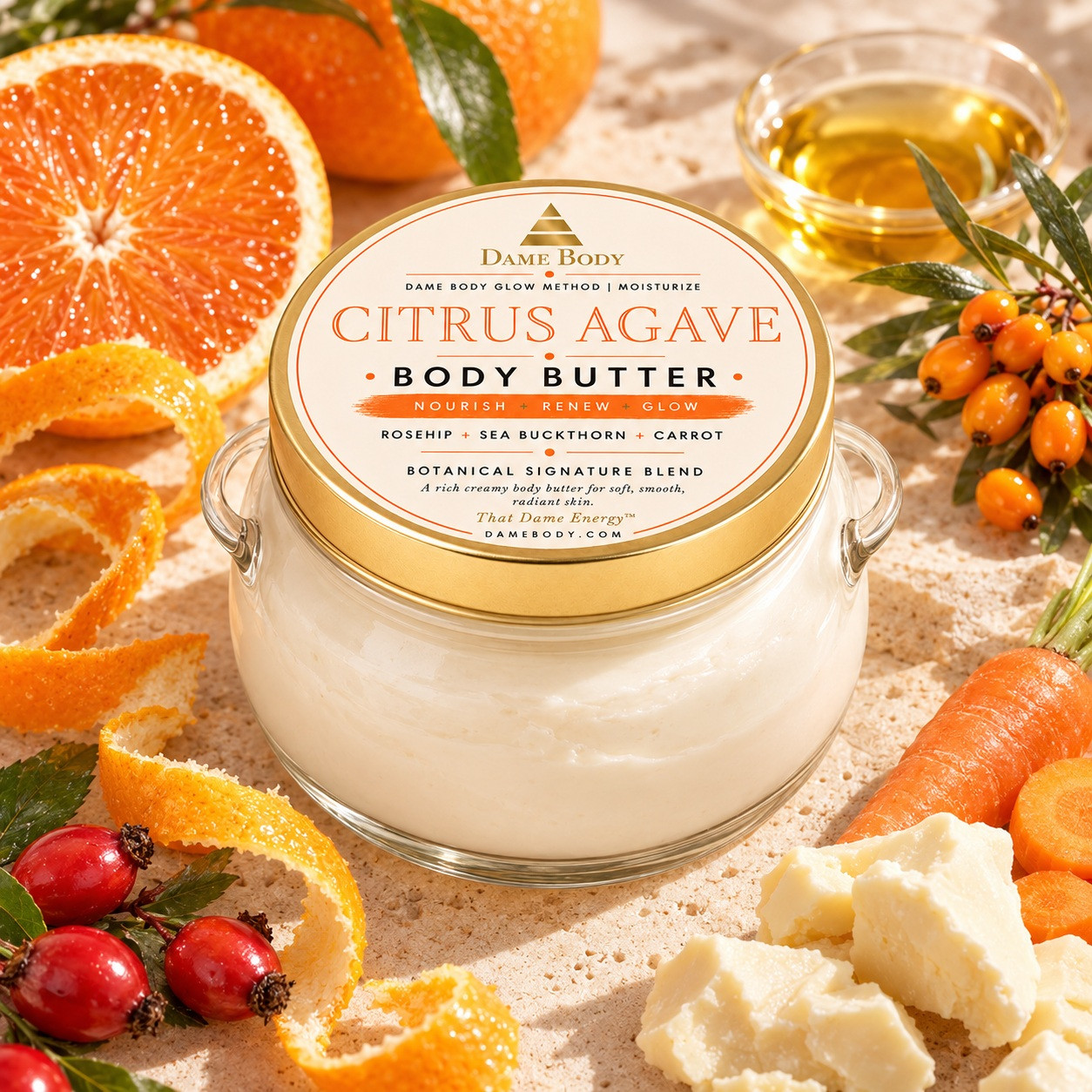 Citrus Agave Body Butter with its orange-and-gold Dame Body label, surrounded by citrus, rosehip, sea buckthorn, carrot and golden oil in warm botanical light.