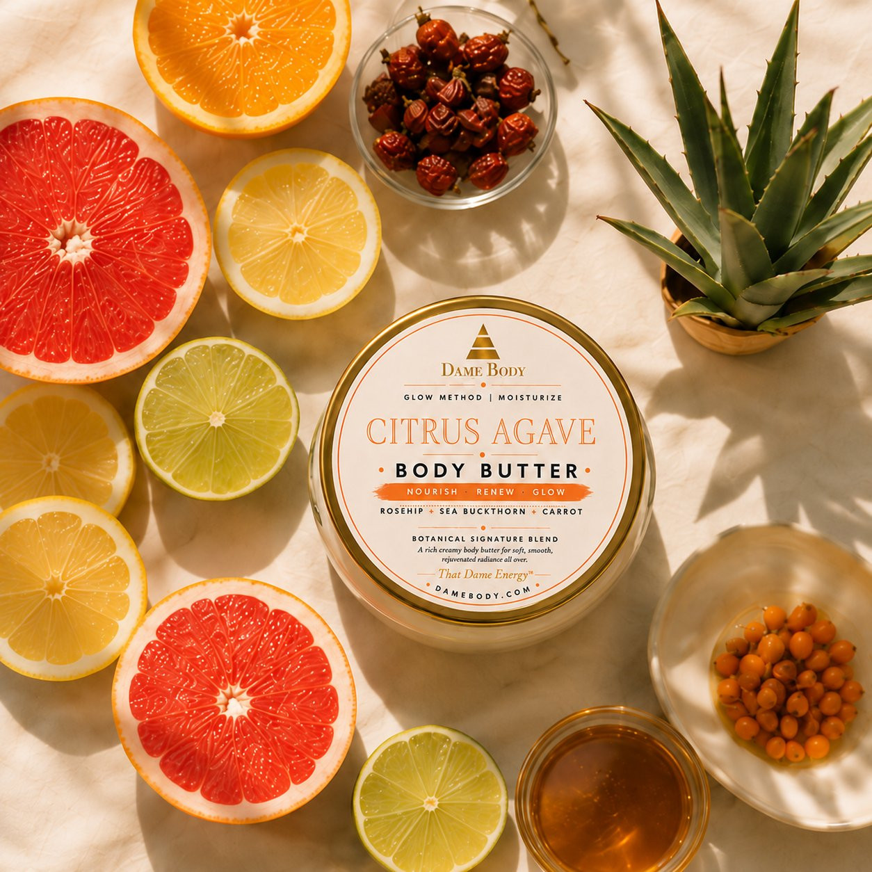 Citrus + Agave Body Butter with its orange label among grapefruit, orange, lemon, lime and botanical aroma imagery.