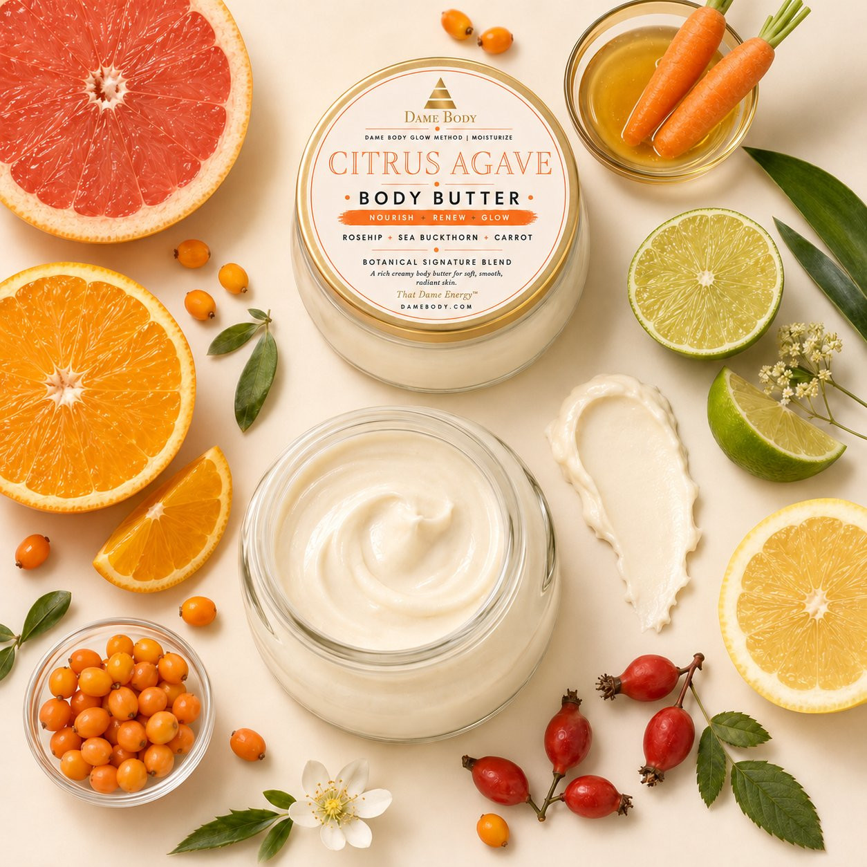 Citrus + Agave Body Butter creamy texture and current lid label in a botanical flat lay with citrus and rosehip imagery.