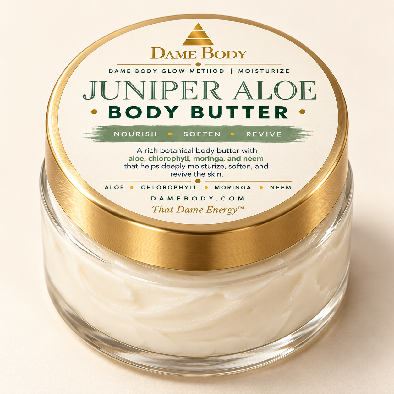 Juniper Aloe Body Butter in a clear glass jar with a gold lid and the approved sage green circular label.