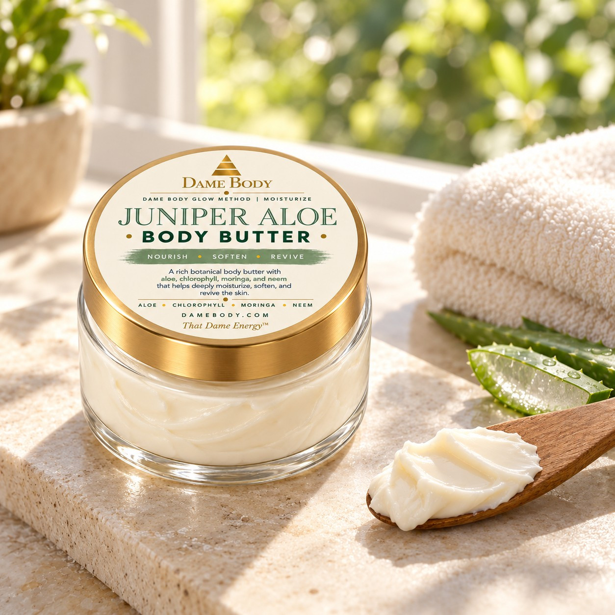Juniper Aloe Body Butter with a folded towel and a scoop of butter, representing the rich moisture choice in the Dame Glowing Skin Method.