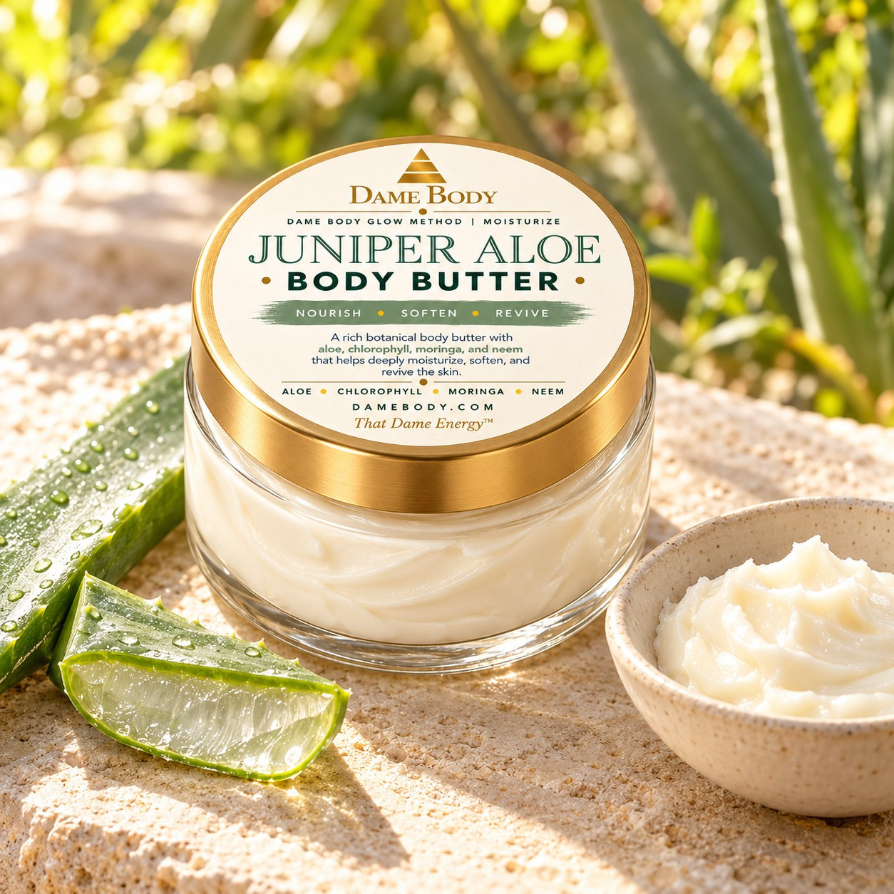 Juniper Aloe Body Butter beside cut aloe leaves and a scoop of creamy butter.