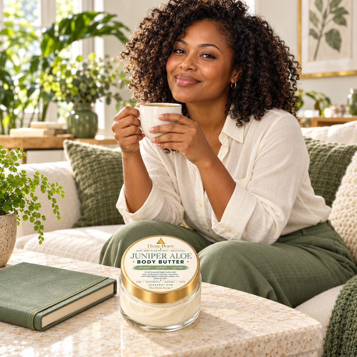 Black woman in an ivory shirt enjoying tea in a botanical living room beside Juniper Aloe Body Butter.