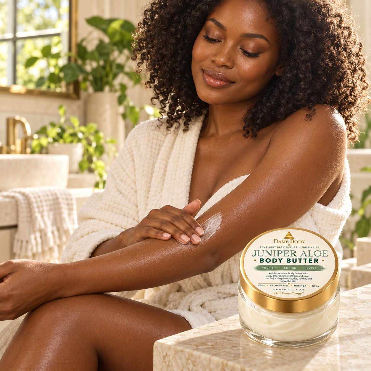 Black woman gently smoothing Juniper Aloe Body Butter onto her forearm beside the current-label jar.
