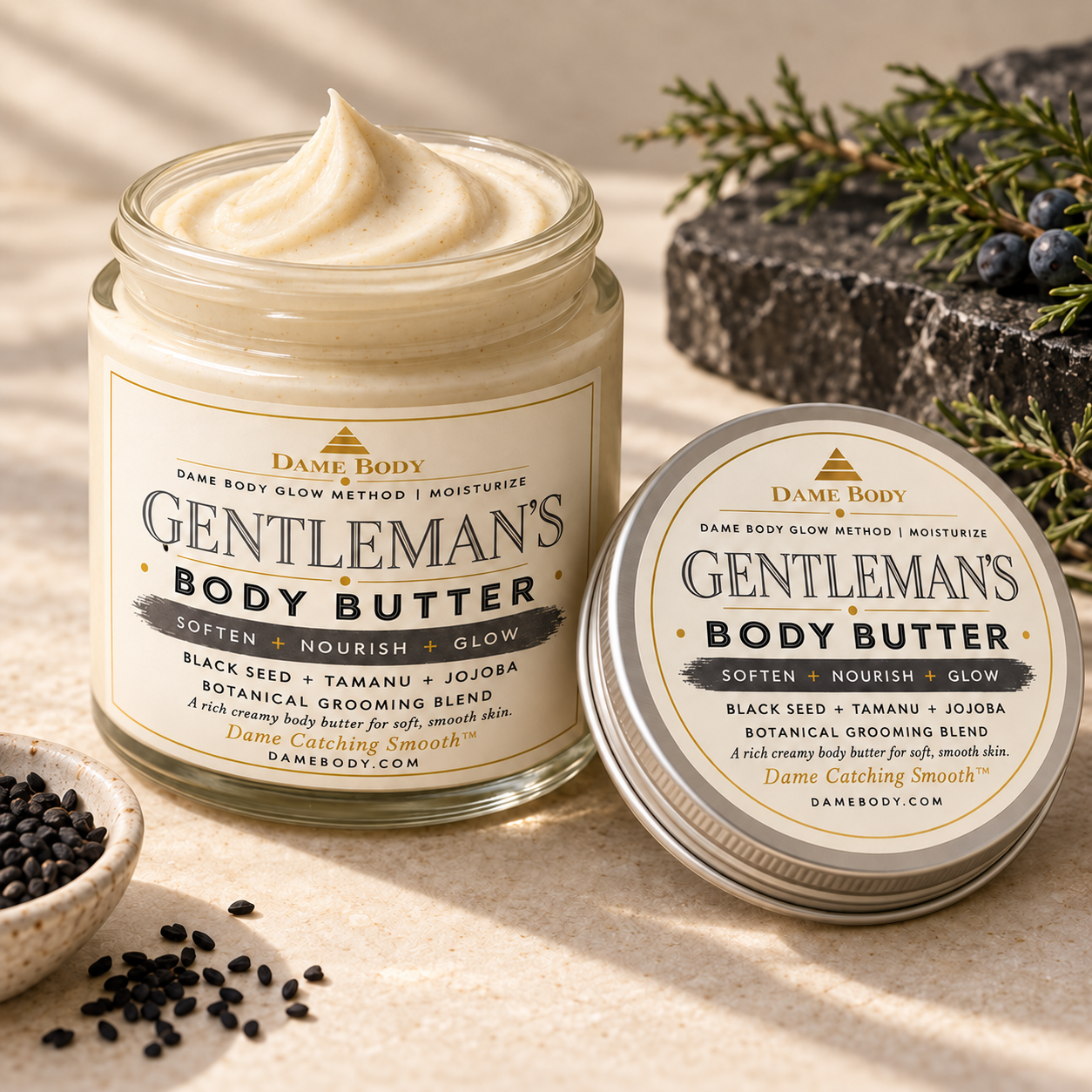 Gentleman’s Body Butter with its new cream and gold Dame Body label and charcoal accents.