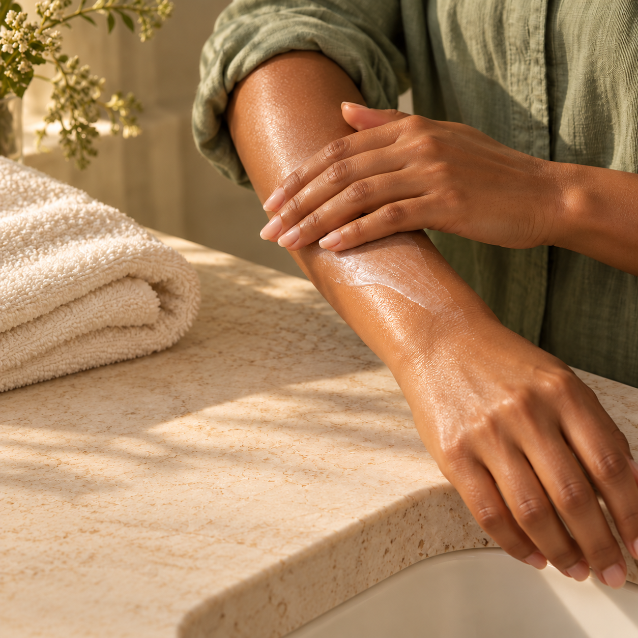 Comfortably moisturized adult skin in a gentle Cranberry + Sweet Orange body-care moment