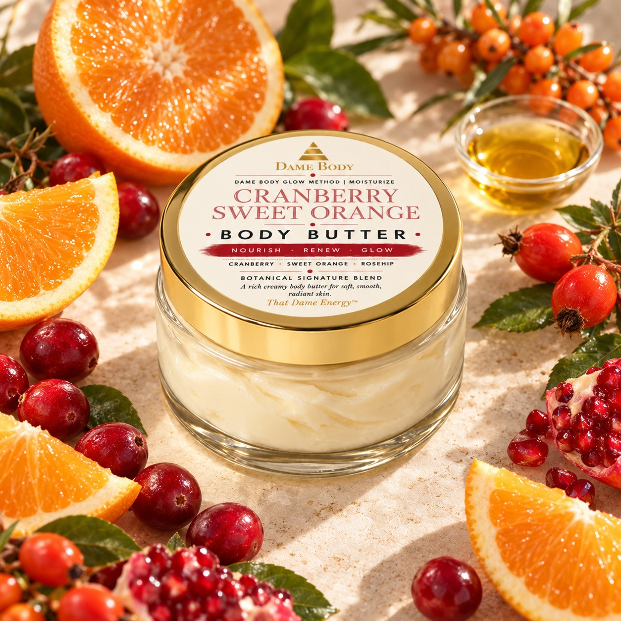 Cranberry Sweet Orange Body Butter with its cranberry-red and gold Dame Body label among cranberries, orange, pomegranate, rosehip, sea buckthorn and golden oil.
