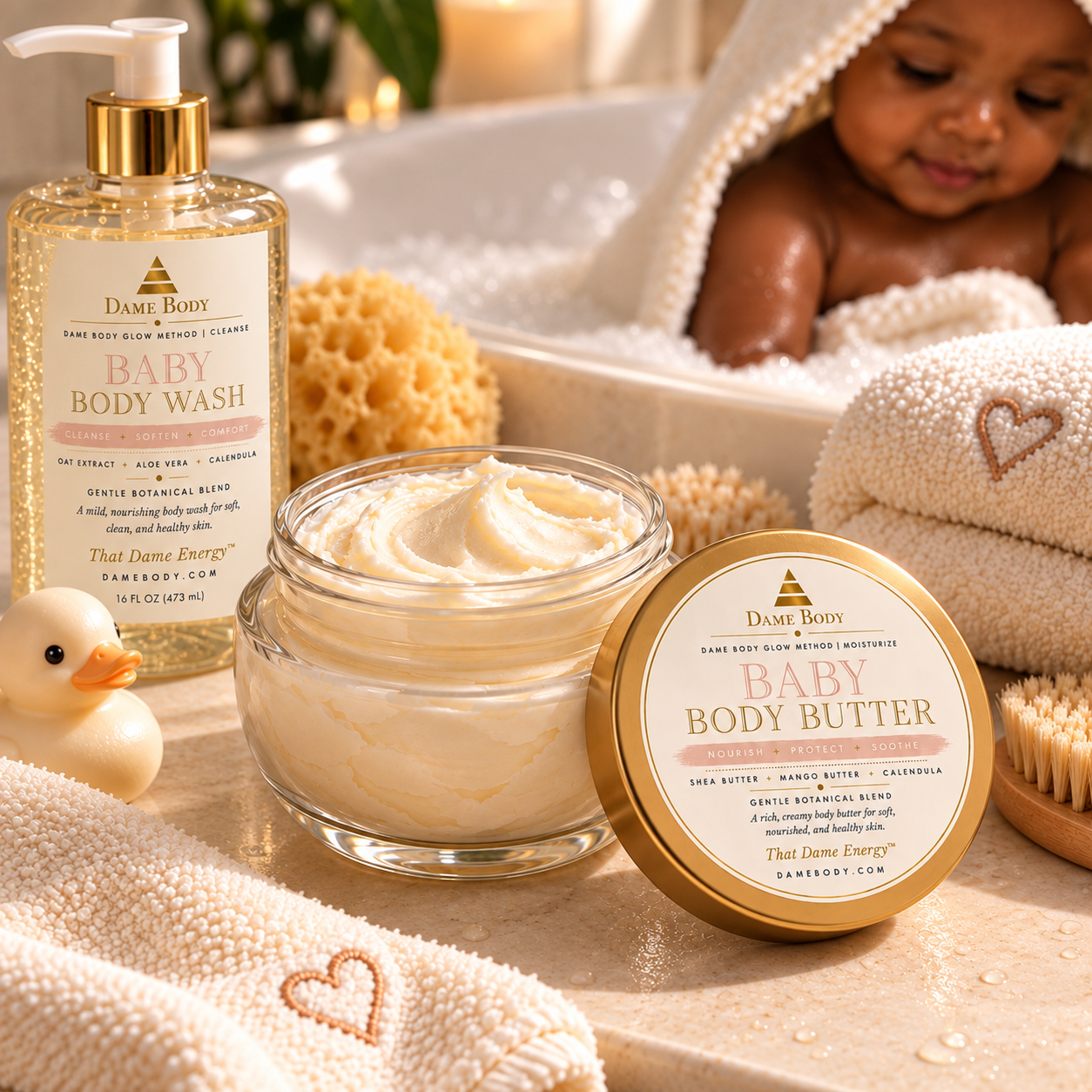 Dame Body Baby Body Wash and Baby Body Butter after-bath moisture ritual