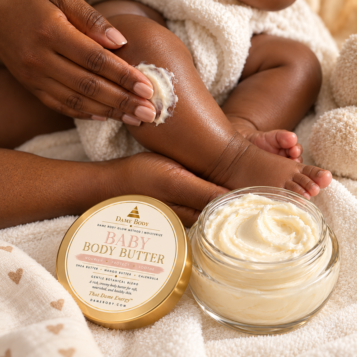 Baby Body Butter gently massaged onto baby's skin after bath time