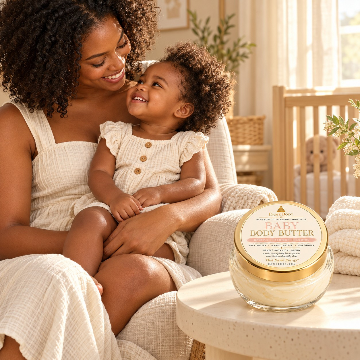 Black mother cuddling her toddler in a warm nursery beside Baby Body Butter with its approved peach pink label.
