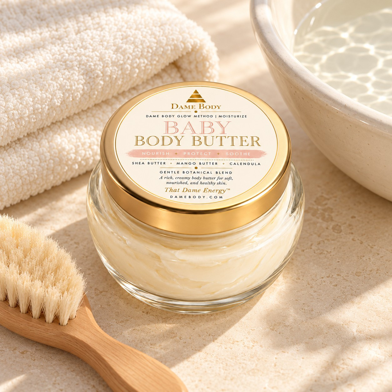 Baby Body Butter with its approved peach pink label beside a folded ivory towel, bath basin and wooden brush for the gentle moisture ritual.