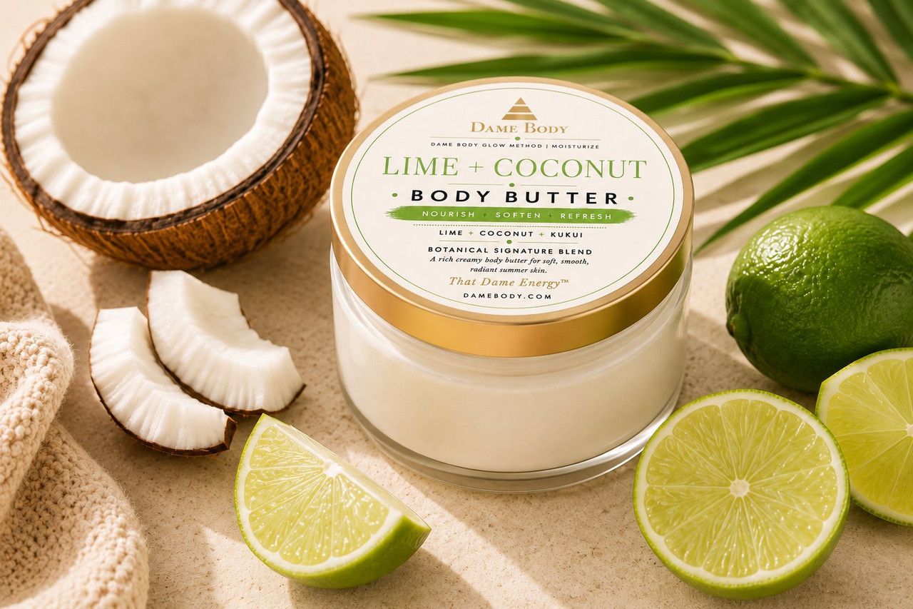 Lime + Coconut Body Butter with its current cream, lime-green and gold lid label, surrounded by lime and coconut.