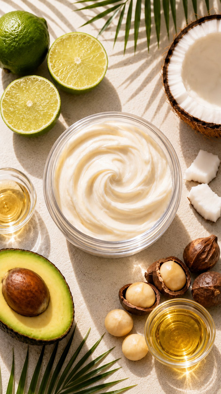 Creamy Lime + Coconut Body Butter texture surrounded by coconut, lime, avocado, kukui and macadamia botanical imagery.
