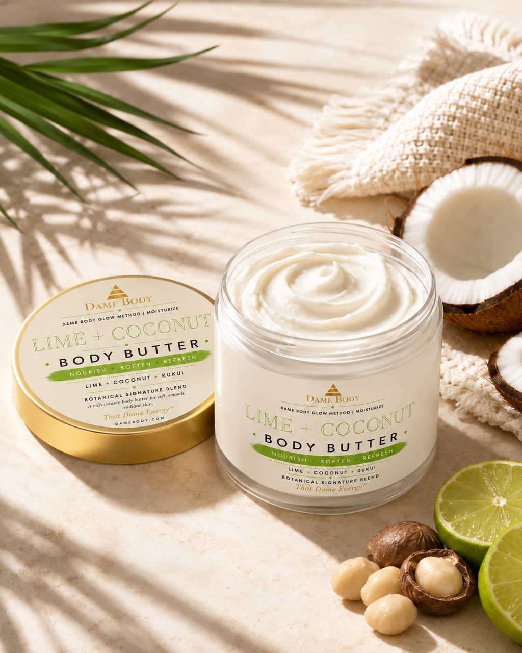 Open Lime + Coconut Body Butter with creamy texture, lime, coconut and the current green-and-gold Dame Body label.