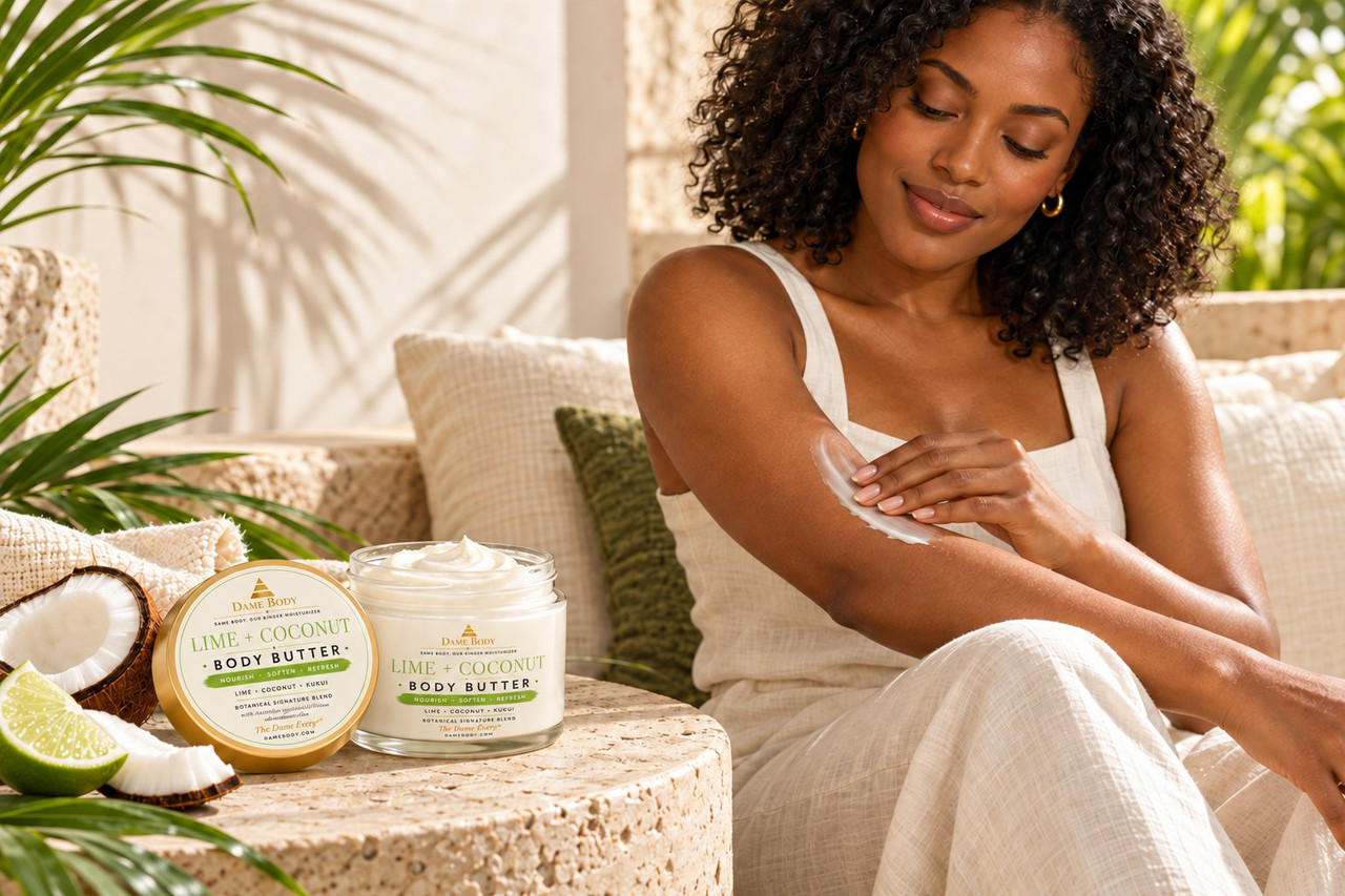 Black woman gently smoothing Lime + Coconut Body Butter onto her arm beside the current-label jar.