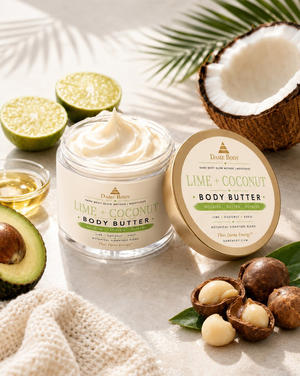 Lime + Coconut Body Butter with its current label and creamy texture, shown as the rich moisture choice in a tropical body-care ritual.