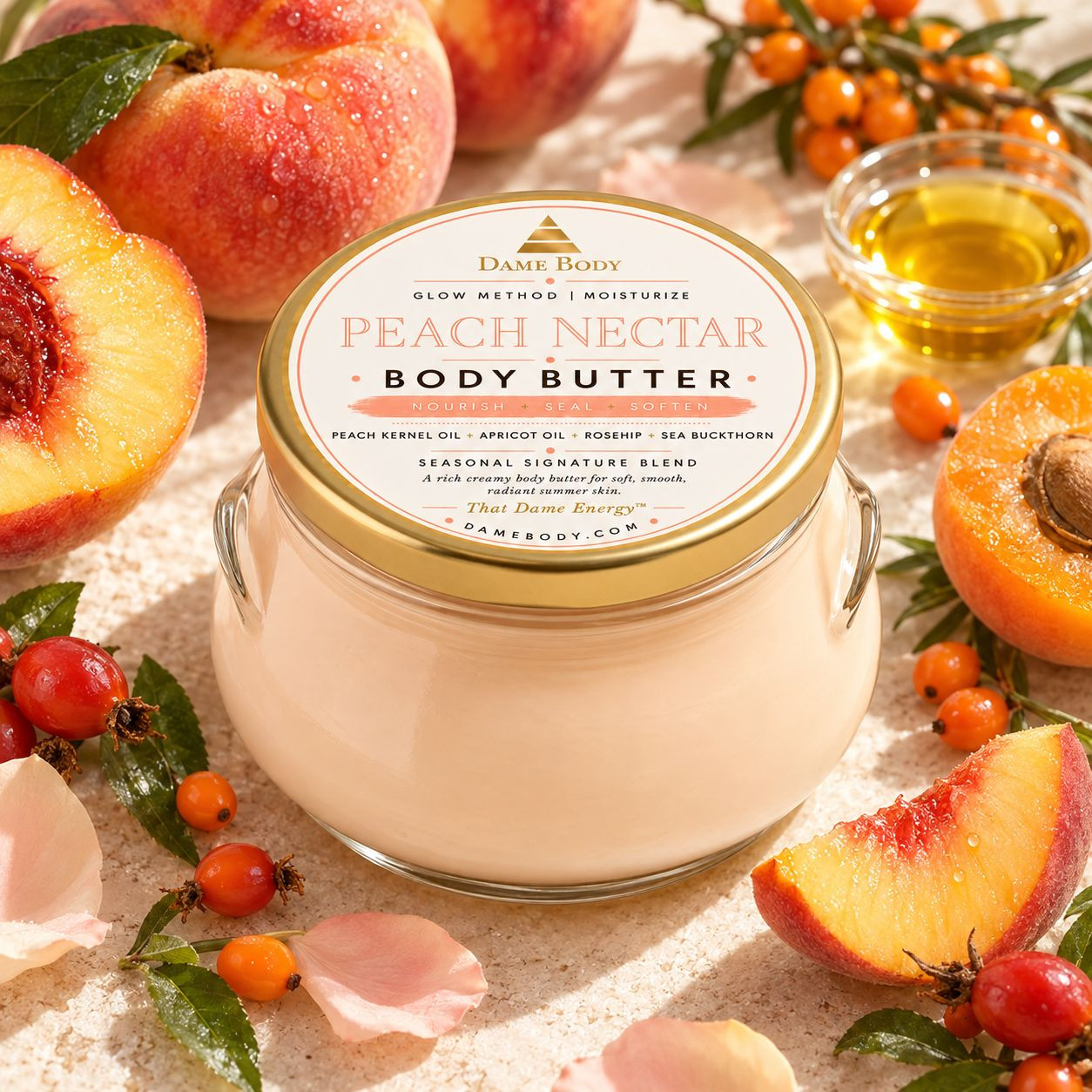 Peach Nectar Body Butter with its peach-and-gold Dame Body label among peaches, apricots, rosehip, sea buckthorn and golden oil in warm botanical light.