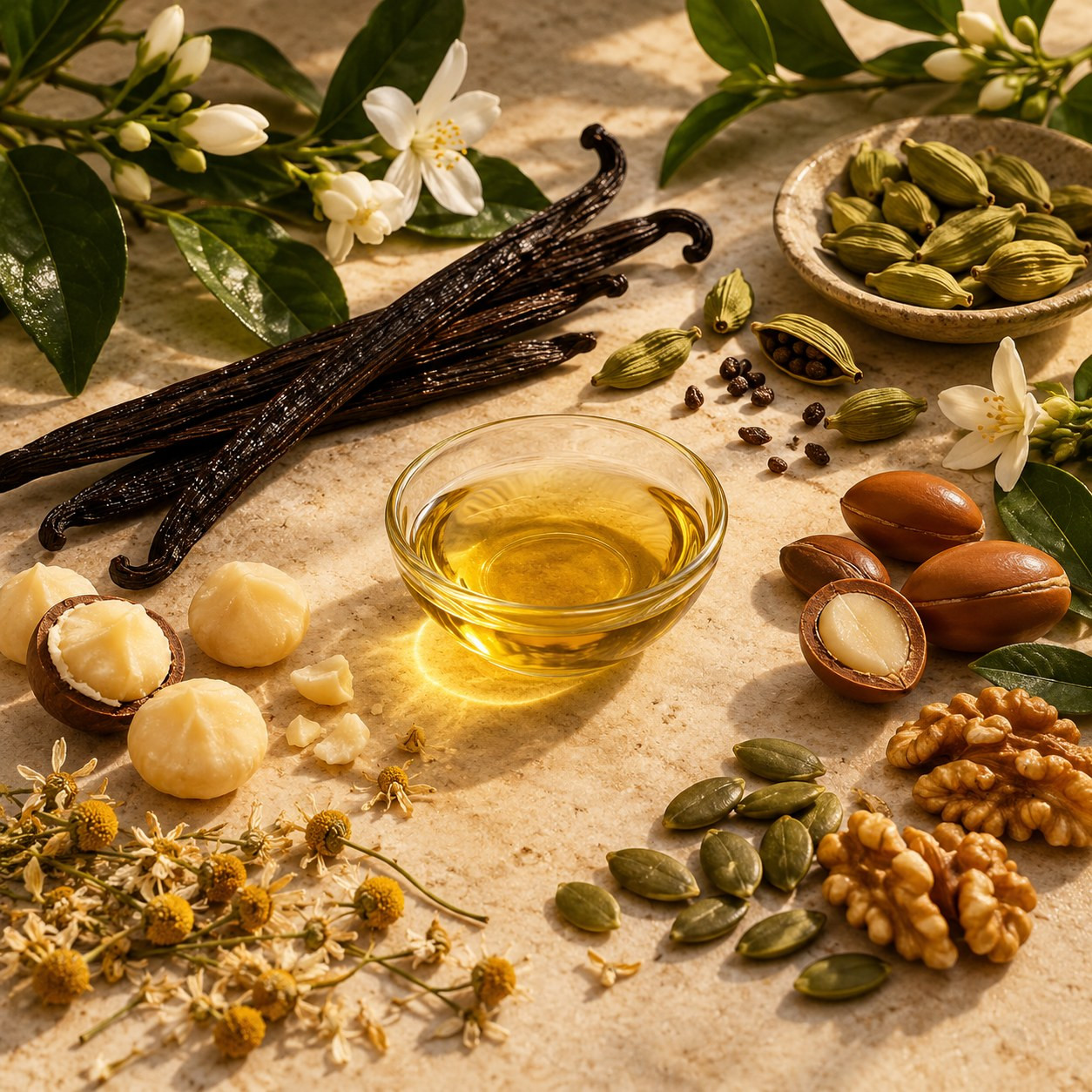 Vanilla, cardamom, nourishing nuts and seeds in a botanical oil story