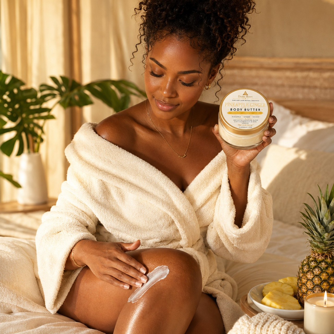 Black woman applying Pineapple Ginger Body Butter to her leg in a sunlit room while holding the current-label jar.