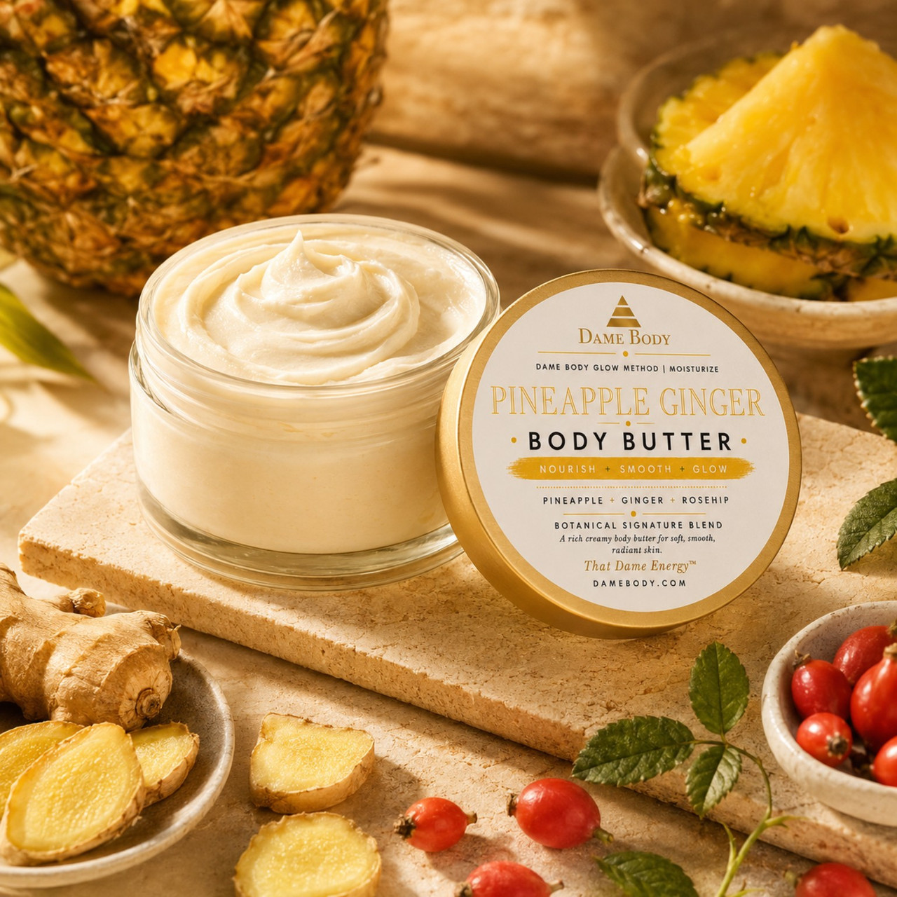 Open Pineapple Ginger Body Butter showing creamy texture beside its gold lid with the current yellow-accent label.