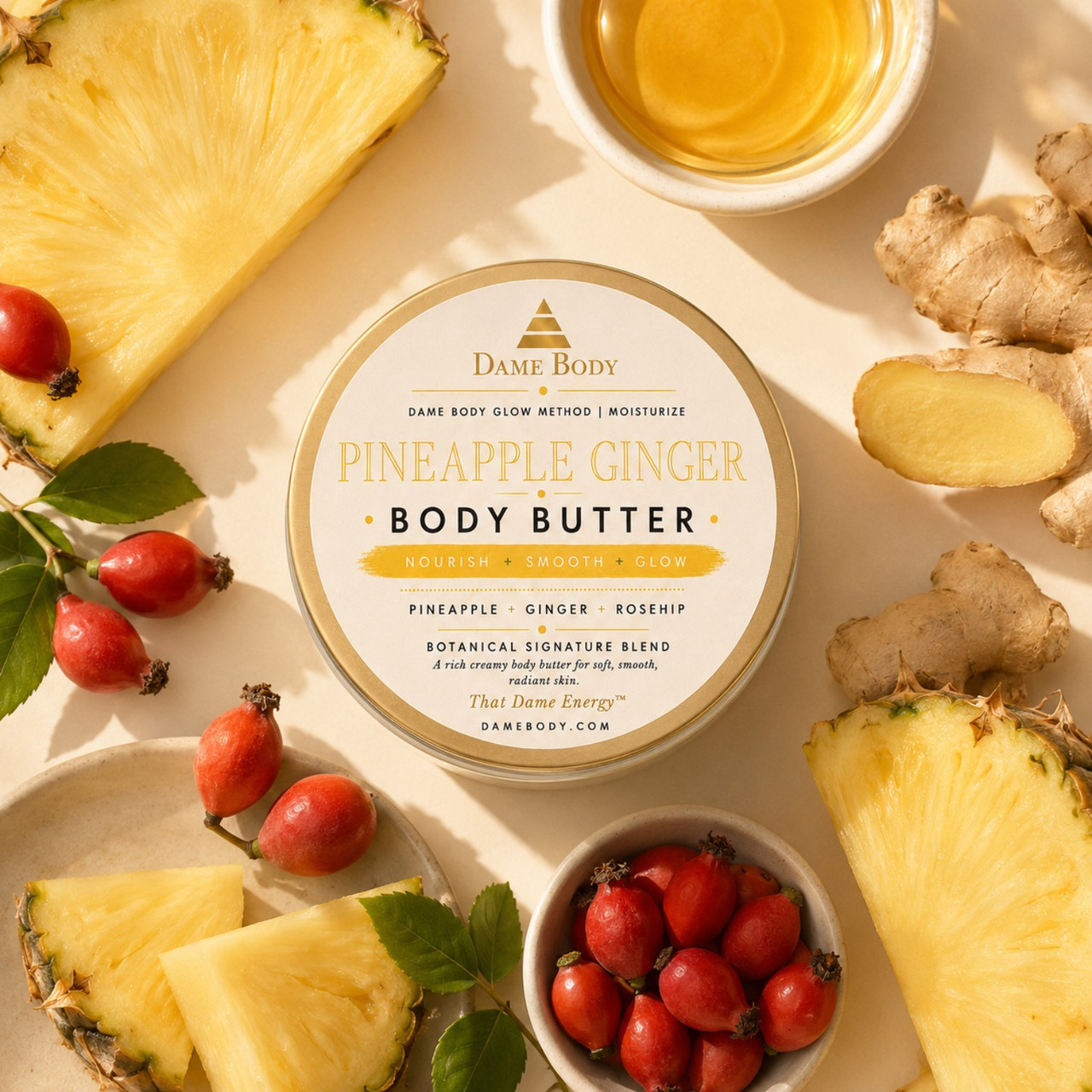 Pineapple Ginger Body Butter surrounded by pineapple, ginger and rosehip botanical imagery.