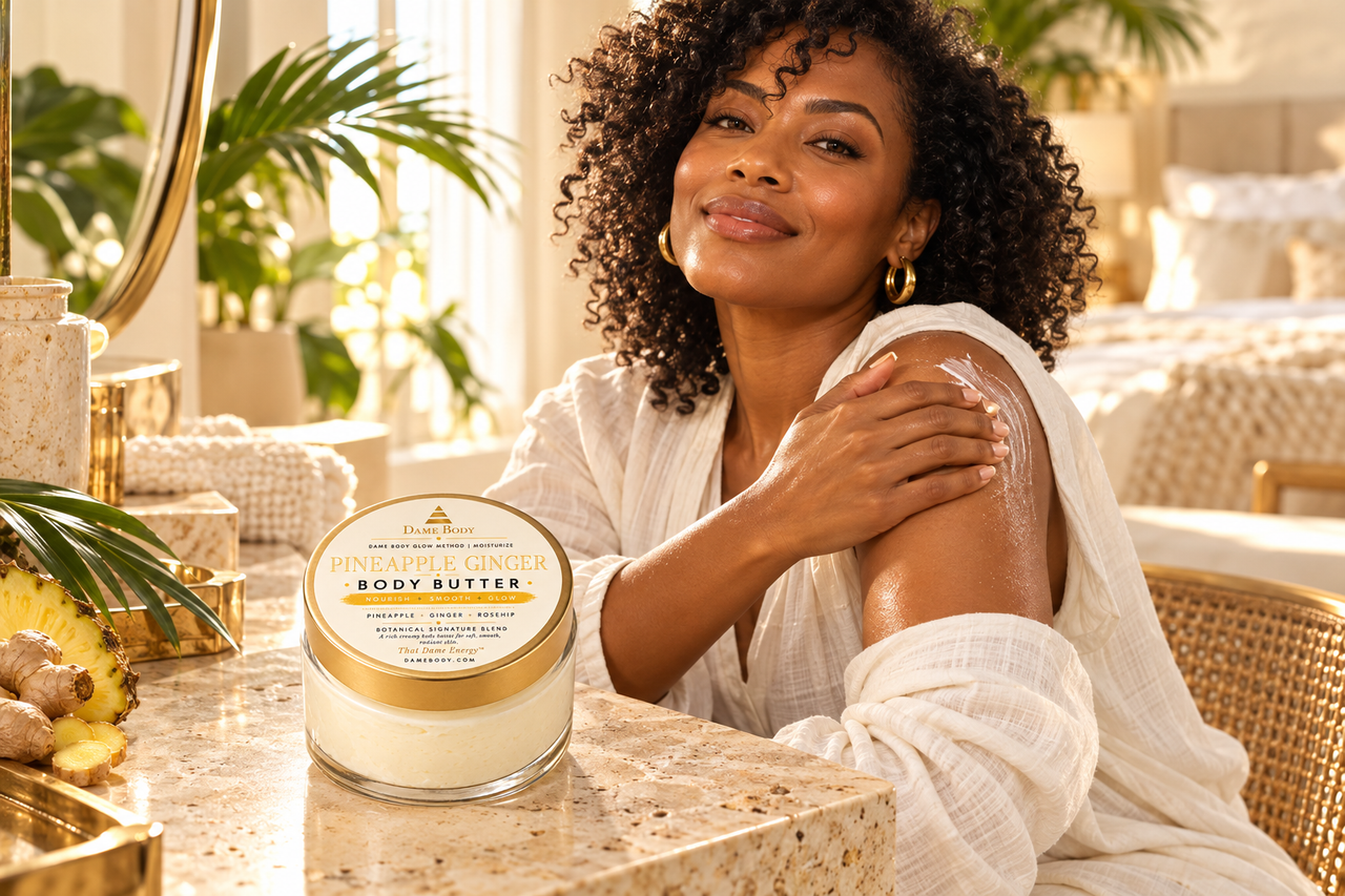 Black woman enjoying a Pineapple Ginger Body Butter ritual at a sunlit vanity beside the current-label jar.