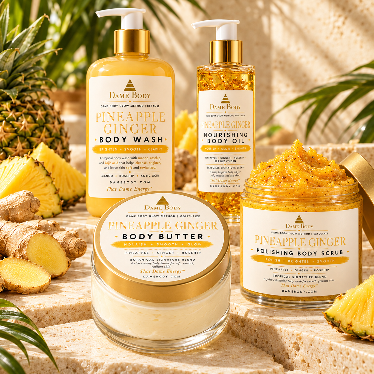 Pineapple Ginger Body Butter with matching Body Wash, Nourishing Body Oil and Polishing Body Scrub in a botanical ritual scene.