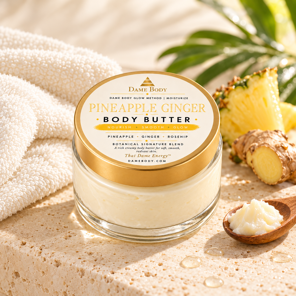 Pineapple Ginger Body Butter beside a towel and cream scoop, representing the rich moisture choice in the Dame Glowing Skin Method.