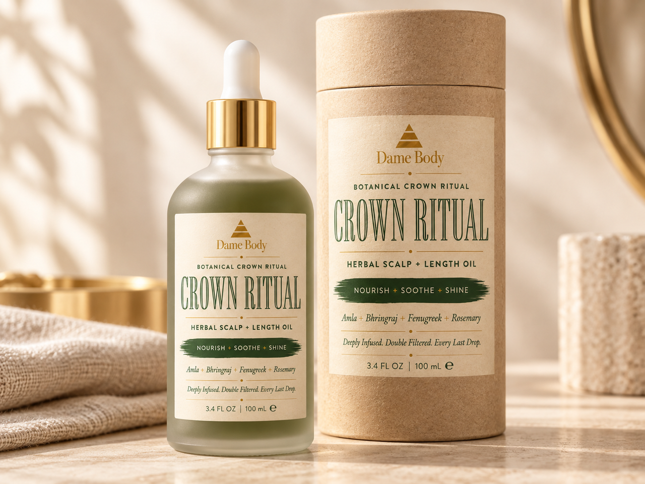 Crown Ritual 3.4 fl oz bottle and matching labeled kraft tube in a warm neutral setting.