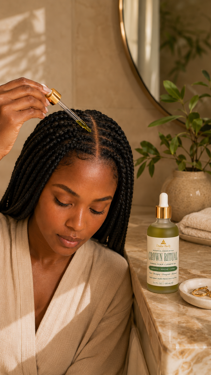 Adult Black woman applying Crown Ritual with a precision dropper along exposed scalp sections between braids, beside the corrected 3.4 fl oz bottle.
