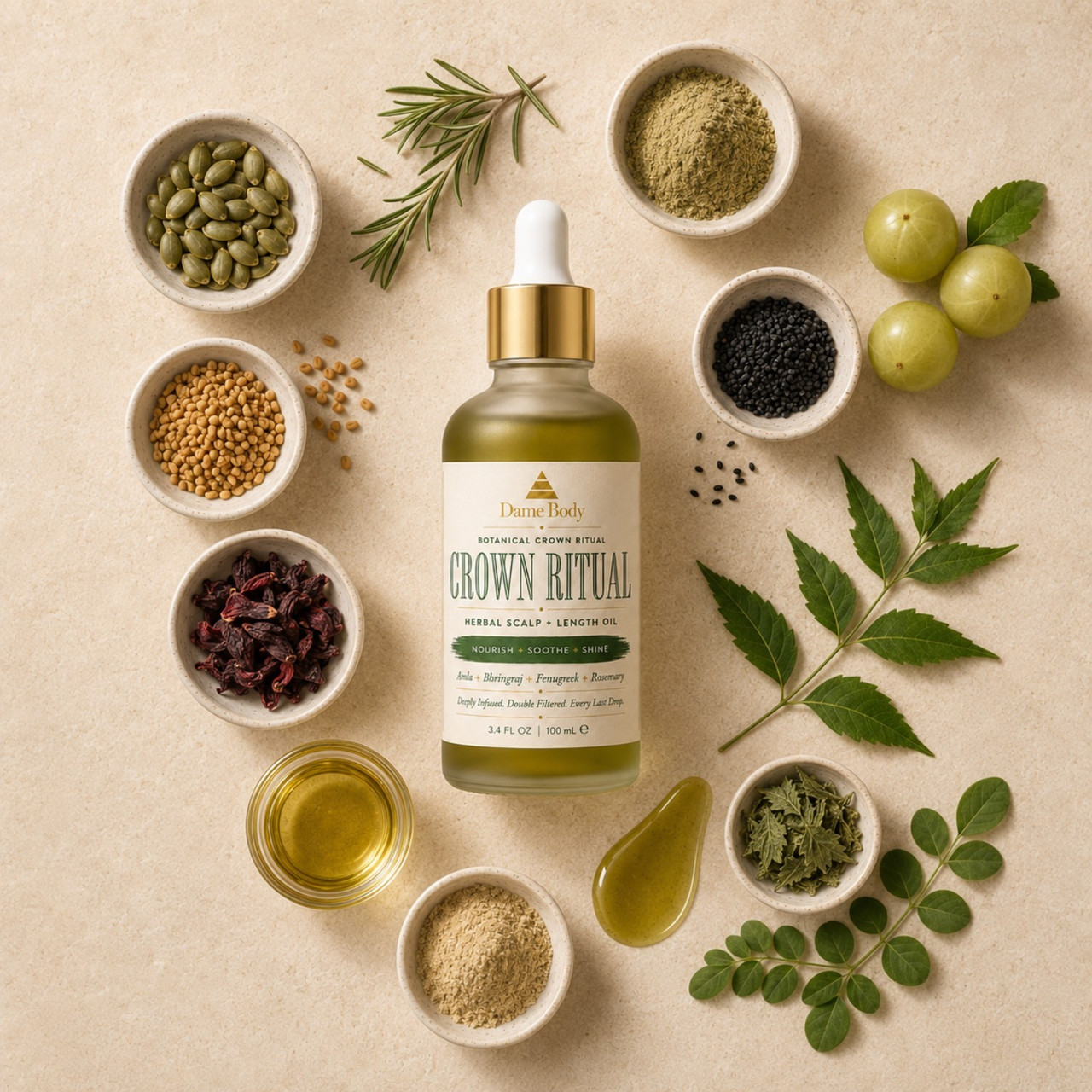 Crown Ritual bottle surrounded by amla fruit, rosemary, fenugreek, botanical powders, leaves, hibiscus and seeds in a cream-toned ingredient flat lay.