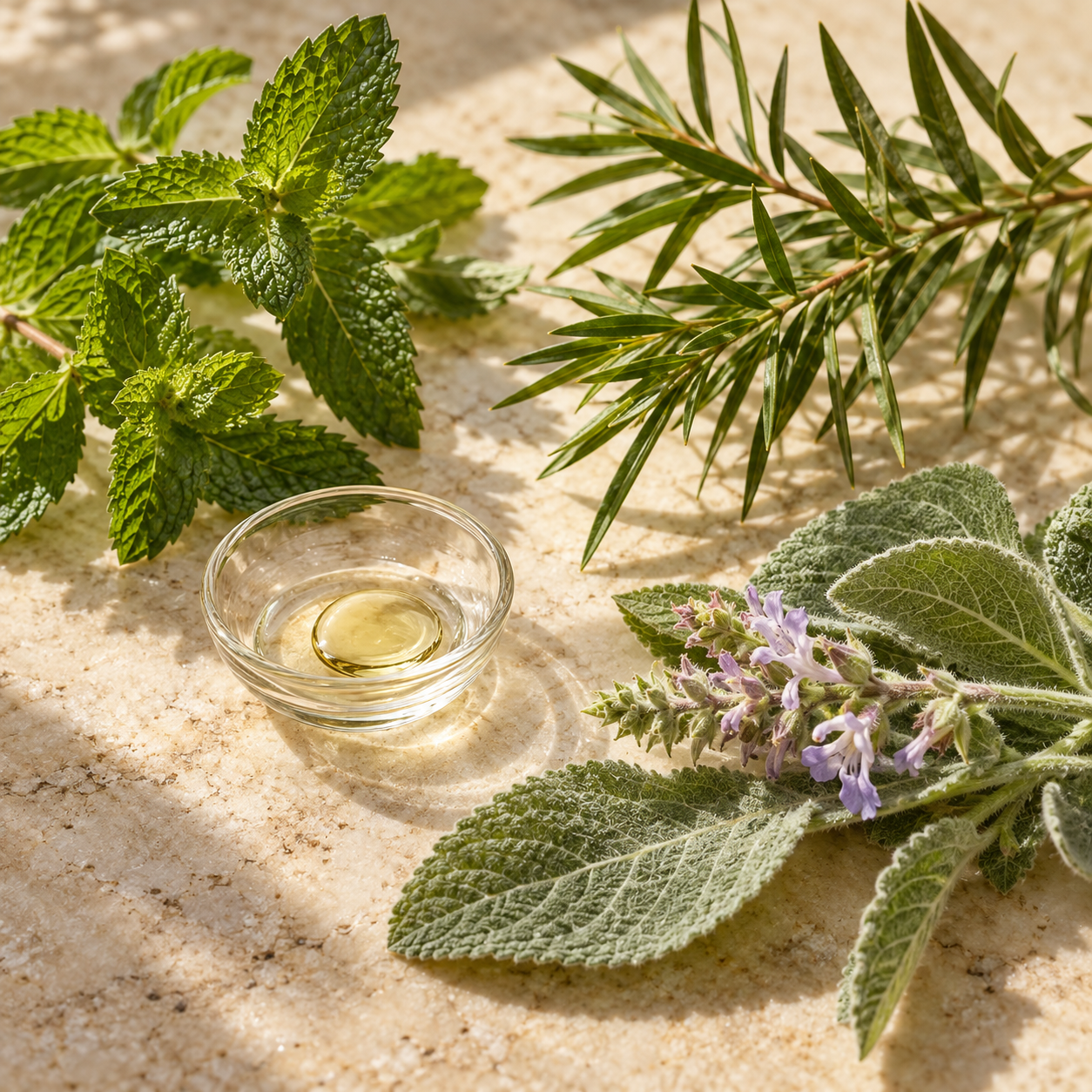 Peppermint sprigs, tea tree foliage and flowering clary sage beside a small dish of oil, illustrating Crown Ritual&rsquo;s aromatic finish.