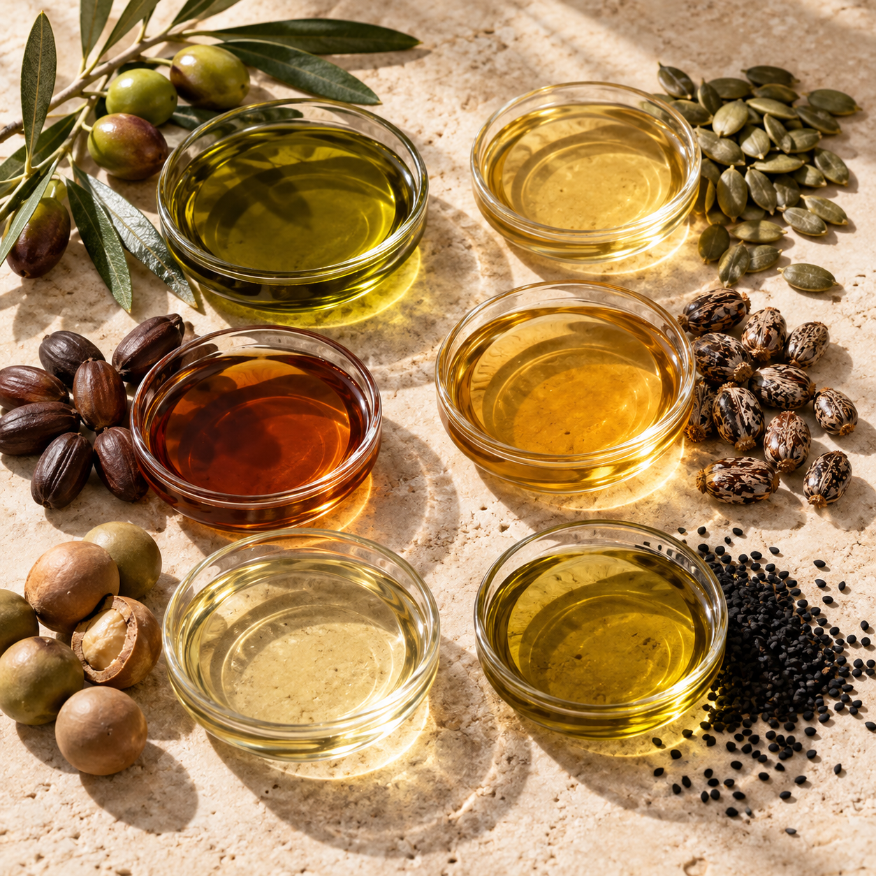 Six dishes of botanical oils with pumpkin seeds, jojoba seeds, olives, castor seeds, black seeds and tamanu nuts, illustrating Crown Ritual&rsquo;s six-oil complex.