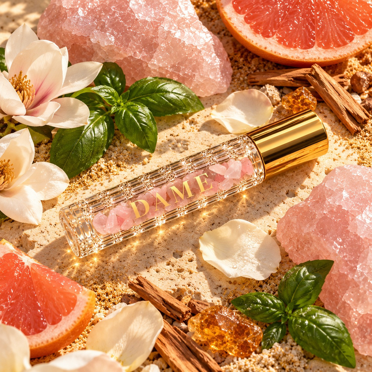 Dame Nectar roller with Rose Quartz and props representing its confirmed fragrance notes.