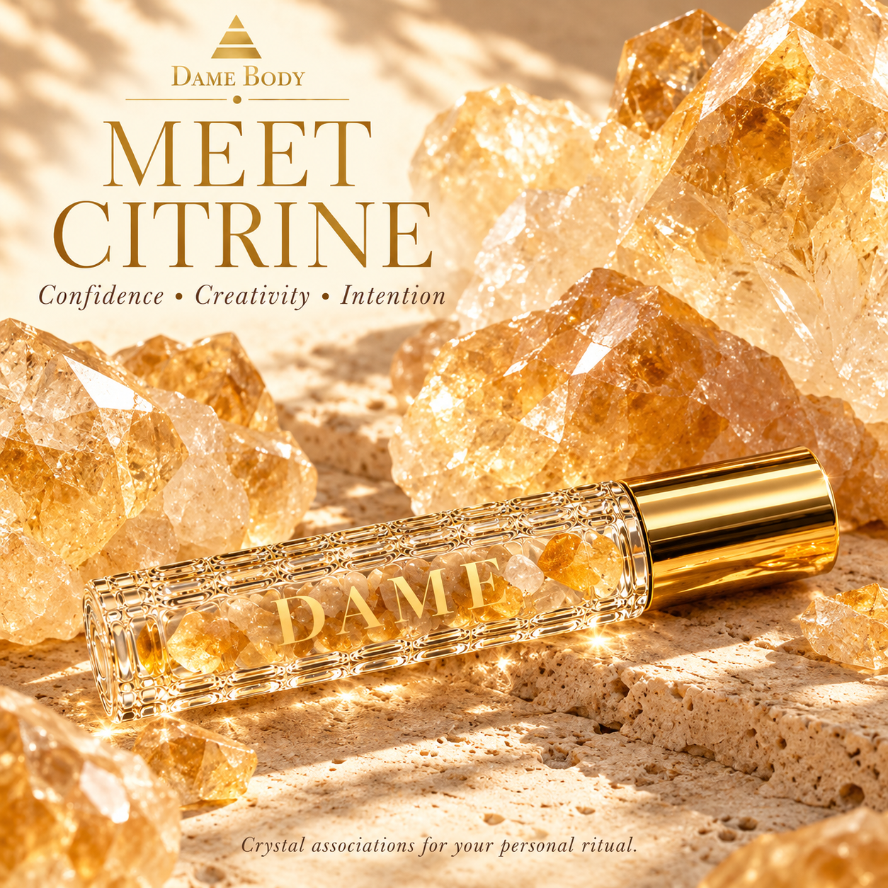 Raw golden Citrine specimens beside the Sunshine crystal roller.