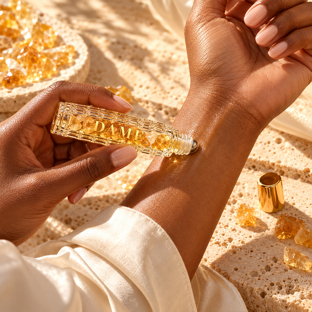 An adult woman lightly applies the Sunshine metal roller ball to her inner wrist.