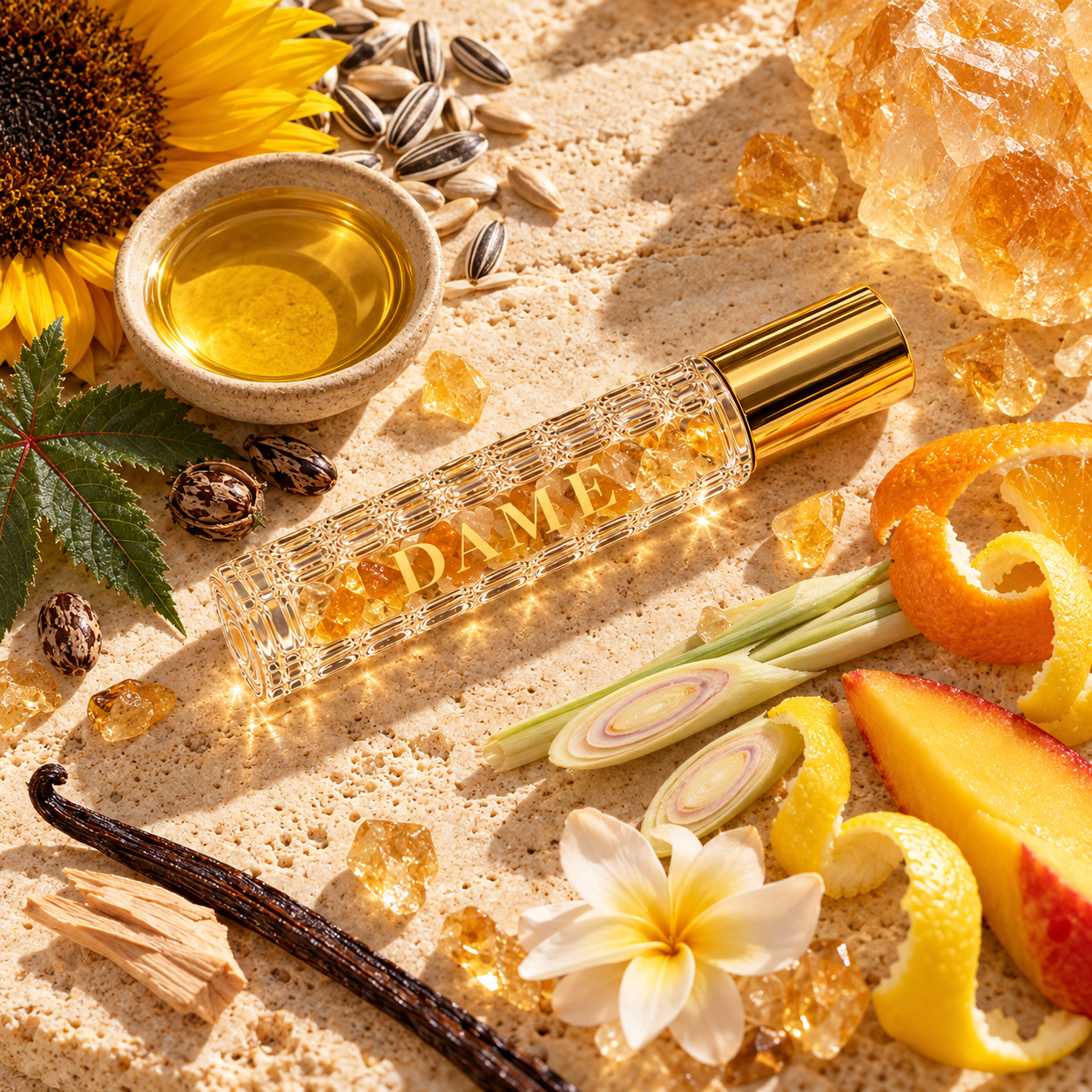 Sunshine roller with sunflower, castor and props representing its fragrance notes.