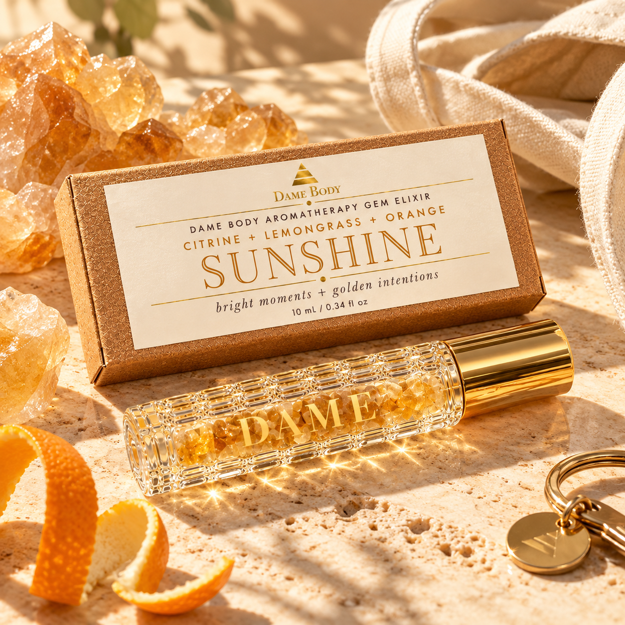 Sunshine roller and labeled kraft box beside a cream tote in warm morning light.