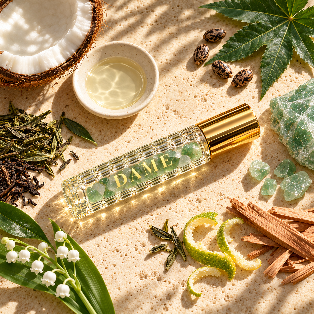 Serenity roller with coconut, castor, Aventurine and props representing its fragrance notes.