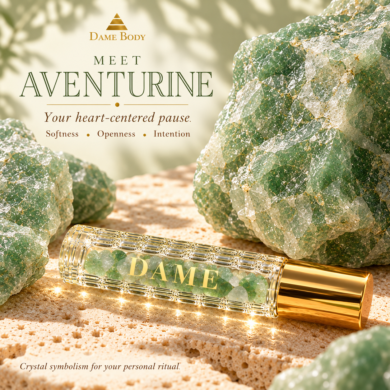 Large raw green Aventurine stones beside the Serenity crystal roller.