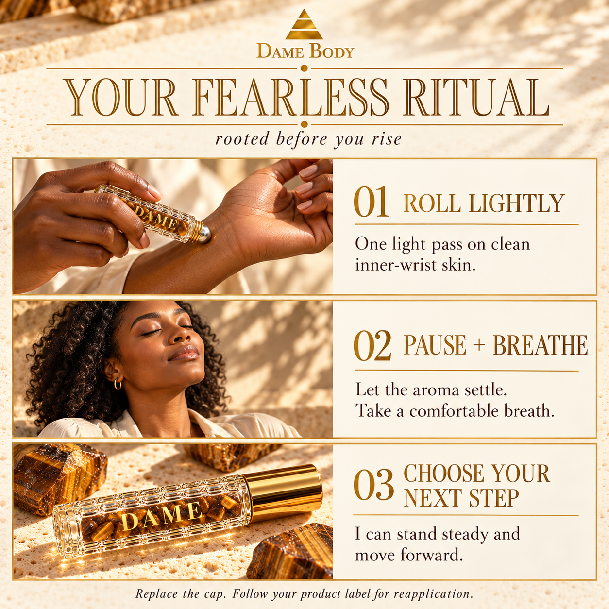 Fearless Dame how-to guide: roll lightly, pause and breathe, choose your next step.
