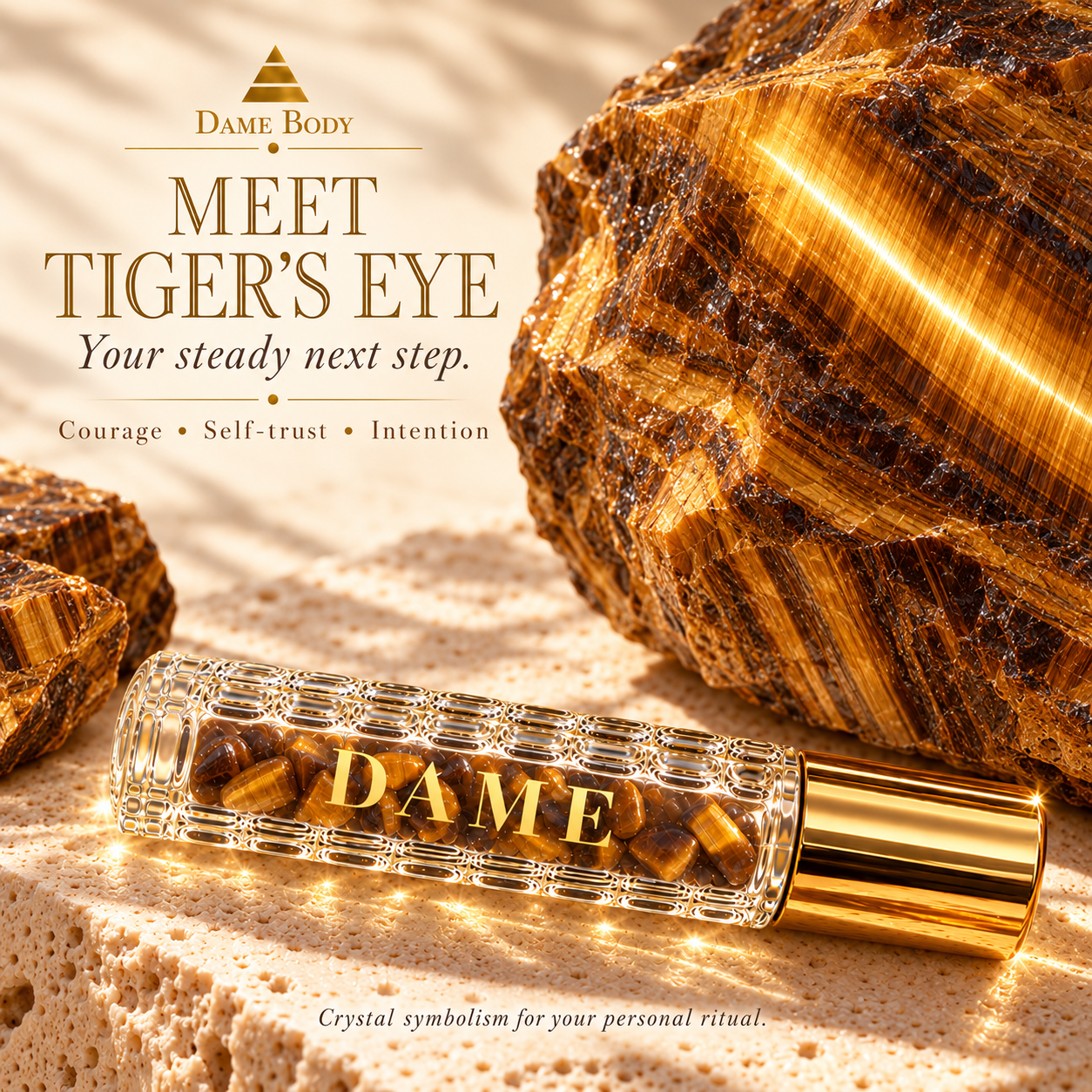 Large golden-brown banded Tiger&rsquo;s Eye specimens beside the Fearless Dame crystal roller.