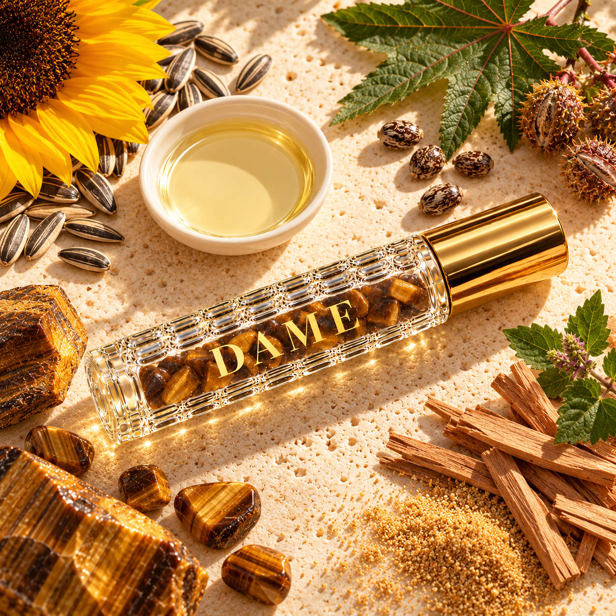Fearless Dame roller with sunflower, castor, Tiger&rsquo;s Eye and props representing its fragrance notes.