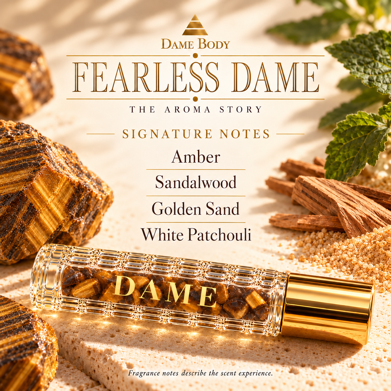 Fearless Dame signature fragrance notes: amber, sandalwood, golden sand and white patchouli.
