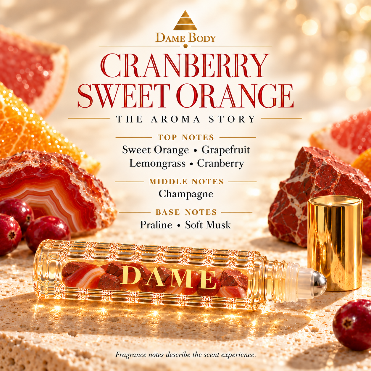 Cranberry Sweet Orange aroma notes: sweet orange, grapefruit, lemongrass and cranberry; champagne; praline and soft musk.